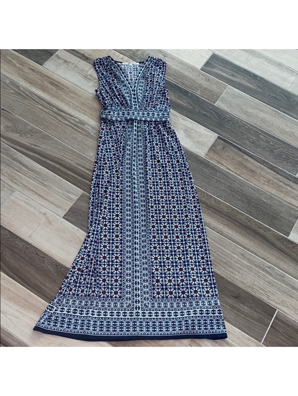 Max Studio Next Studio Bohemian Long Dress Blue Red Geometric Pattern M EUC